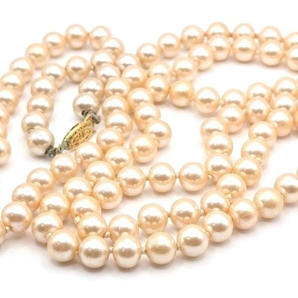 Vintage G Silver Hand Knotted Glass Faux Pearl Necklace Gold Tone‎ Clasp 36"